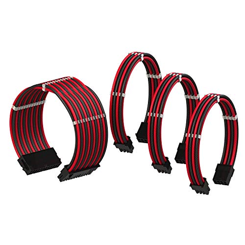 LINKUP - Cable con Manguito - Prolongación de Cable para Fuente de Alimentación con Kit de Alineadores┃1x 24P (20+4) MB┃1x 8P (4+4) CPU┃2X 8P (6+2) GPU┃30CM 300MM - Rojo Negro