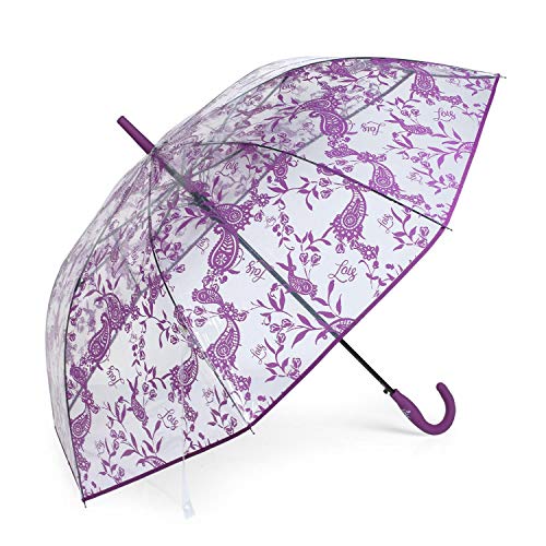 Lois - Paraguas Mujer Largo Estampado Transparente Antiviento. Apertura Automática. 8 Varillas. Marca LOIS. Estructura Reforzada. 13108, Color Morado Lois - Paraguas Mujer Largo Estampado Transparente Antiviento. Apertura Automática. 8 Varillas. Marca LOIS. Estructura Reforzada. 13108, Color Morado