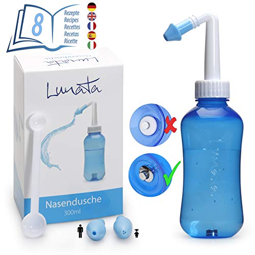 Lunata (Upgrade 2021) Ducha Nasal para Niños y Adultos + Cuchara dosificadora + 2 Puntas + Recetas para irrigación nasal, ducha nariz, limpieza lavado nasal