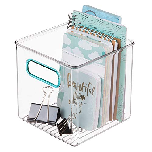 mDesign Caja de almacenaje con Asas integradas – Caja organizadora para Guardar Utensilios de Cocina y baño o Material de Oficina – Organizador de Escritorio en plástico – Transparente/Azul