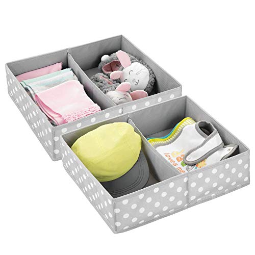 mDesign Juego de 2 Cajas de almacenaje para Habitaciones Infantiles o baños – Cestas organizadoras en Fibra sintética de Lunares – Organizadores de armarios con 2 Compartimentos – Gris Claro/Blanco