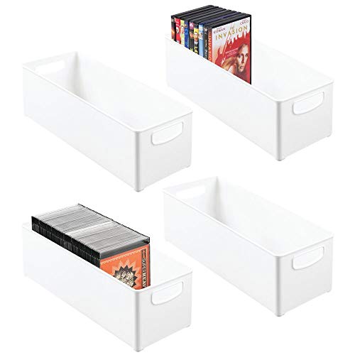 mDesign Juego de 4 Cajas de almacenaje apilables para Guardar DVD – Sistema de almacenaje con Asas para DVD, CD y Videojuegos – Caja para DVD de plástico – Blanco