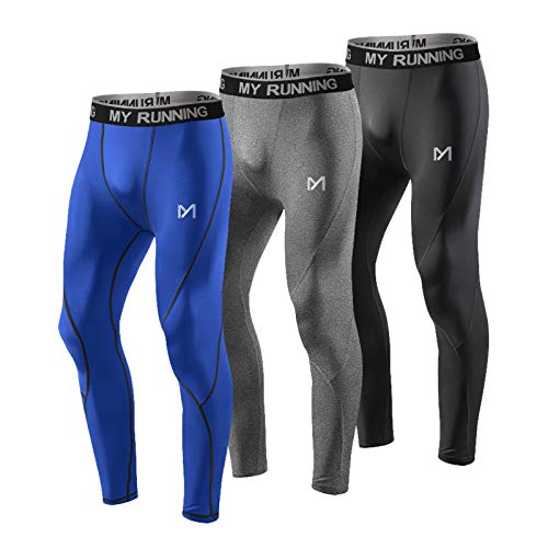 MEETYOO Leggings Hombre, Pantalón de Compresión Secado Rápido Pantalones Deporte Mallas Largas para Running Fitness Yoga (Negro+Azul+Gris, XXL)