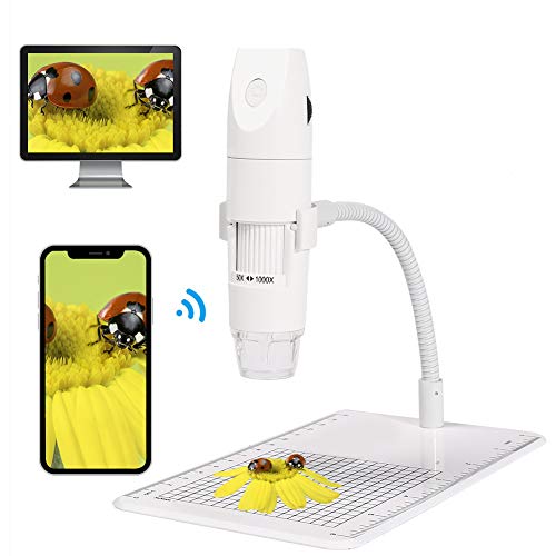 Microscopio Digital WiFi,KNMY Microscopio Digital Inalámbrico 50x -1000x Aumento,1080P HD 8 LED Microscopio Digital Electronico USB Compatible con iPhone/iPad/Mac/Teléfono Android/Tableta/PC（Blanco）