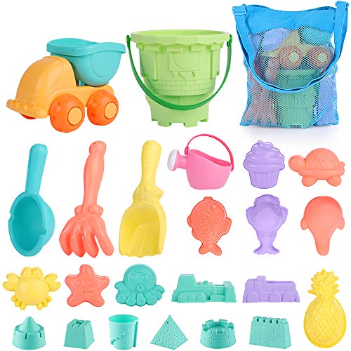 Mingfuxin Juguetes De Playa para Niños,Juego De Juguetes De Playa Y Arena para Niños con Camion Bucket Castle Moldes Y Bolsa De Malla Material Plastico Blando (Azul)