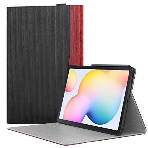 MoKo Funda Compatible con Galaxy Tab S6 Lite 10.4 2020 SM-P610/P615, Carcasa Plegable Protector Premium de Cuero PU Sintético y Tela con Ranuras y Función de Soporte - Negro & Rojo Stripe