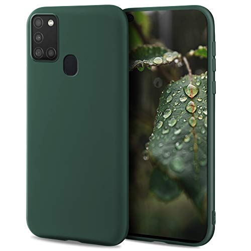 Moozy Lifestyle. Funda para Samsung A21s, Verde Oscuro - Cover Carcasa de Silicona Líquida con Acabado Mate y Forro de Microfibra Suave