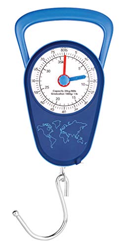 moses. Fernweh Kofferwaage analog | Gepäckwaage bis 35 kg mit Maßband Doppelskala in Kilogramm und Pfund Báscula para equipaje, 13 cm, Azul (Marineblau)