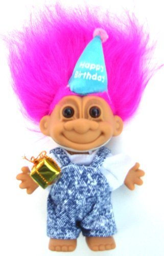 My Lucky Happy Birthday 6 Troll Dressed in Denim Overalls w/Present by Russ Berrie