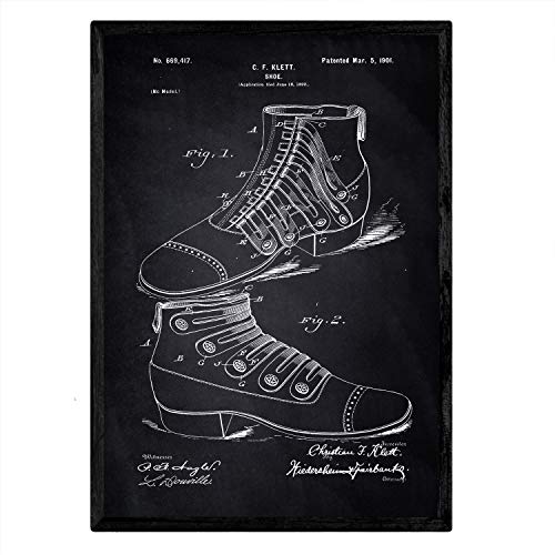 Nacnic Poster con patente de Zapato botin. Lámina con diseño de patente antigua en tamaño A3 y con fondo negro