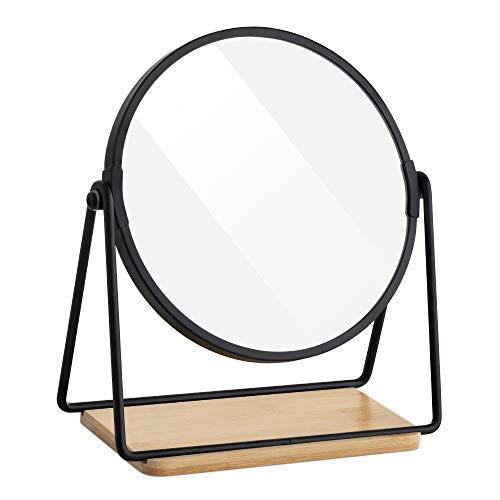 Navaris Espejo de Mesa Redondo - Espejo Doble Cara con Aumento 2X y 1x para tocador baño Mesa - con Base de Bandeja de bambú para Maquillaje Joyas