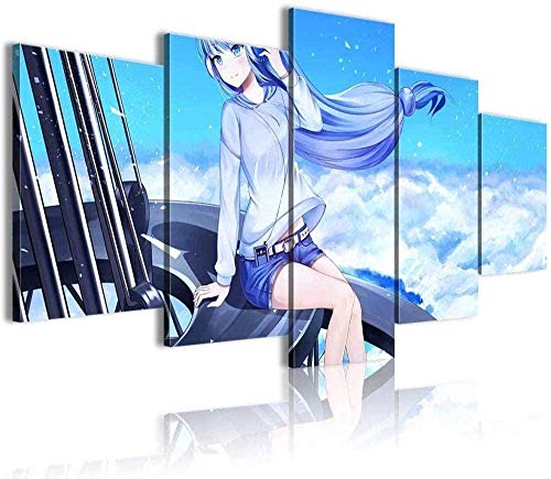 NC56 5 Pinturas consecutivas Impresión de póster HD Visión 3D Cinco Paneles Cielo Azul Paisaje Cabello Largo Chica Pantalones Cortos de Mezclilla Música Hermoso Ambiente Festivo (150x80cm Enmarcado)