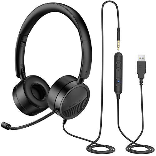 New Bee Auriculares con Microfono pc USB / 3.5mm Auriculares Call Center Peso Ligero Micrófono con Cancelación de Ruido para PC / Laptop Teléfono móvil Android (Negro)