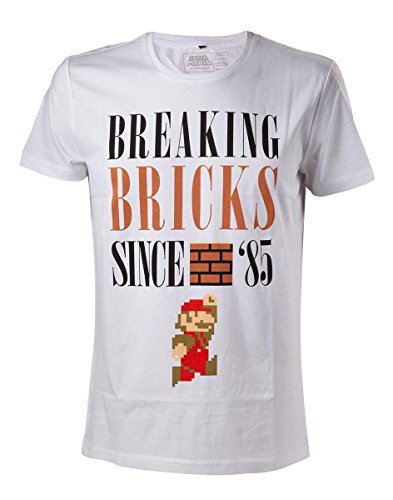 Nintendo Super Bros. Breaking Bricks Since '85 with Jumping Mario Men's T-Shirt, White (ts500228ntn-xl) Camiseta, Blanco, XL para Hombre