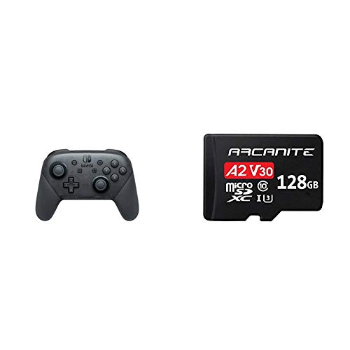 Nintendo Switch, Mando Pro Controller, Con Cable USB + ARCANITE, Tarjeta de memoria microSDXC de 128 GB con adaptador SD, A2, UHS-I U3, V30, 4K, C10, Micro SD, Velocidad de lectura de hasta 95 MB/s