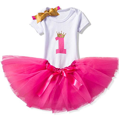 NNJXD Recién Nacida Tutú Primer Cumpleaños 3 Piezas Trajes Mameluco + Falda y Diadema Tamaño (1) 1 Año Rosa