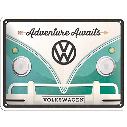 Nostalgic-Art Cartel de Chapa Retro VW – Bulli T1 – Adventure Awaits – Idea de Regalo de Furgoneta Volkswagen, metálico, Diseño Vintage, 15 x 20 cm