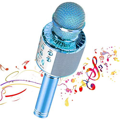 【Nuevo diseño 2020】 Micrófono de karaoke inalámbrico Bluetooth, Grabador de reproductor de altavoz de micrófono portátil, Máquina de altavoz de karaoke recargable(Blue)