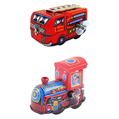 NUOBESTY 2 Unids Retro Wind up Toys Clockwork Train Fire Engine Antiguo Metal Tin Car Toys para Niños Favores de Fiesta Regalos