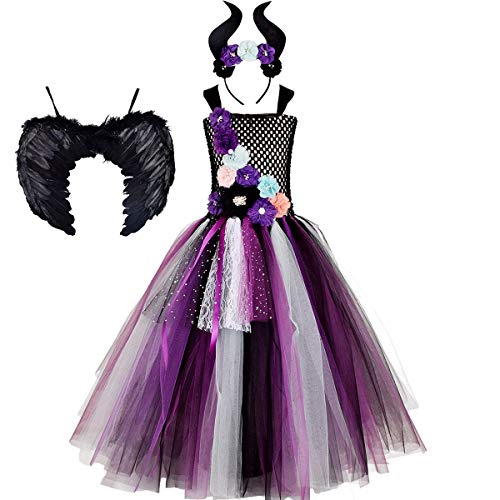 OBEEII Disfraz de Ecuernos Malefica Niñas Deluxe Maleficent Christening Gown Fancy Dress Costume para Halloween Cosplay Carnaval Vestido 7-8 Años