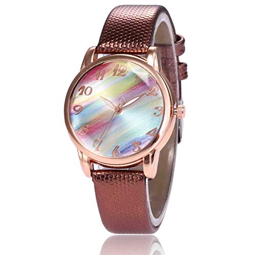 OLUYNG Reloj de Pulsera Nuevo Reloj de Cuarzo Casual para Mujer Patrón de Arco Iris de Moda Cinturón Multicolor Reloj para Estudiante Marrón