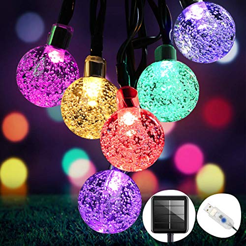 OMERIL Guirnaldas Luces Exterior Solar, 8M Cadena de Luces Multicolor con 50 LED Bola, USB Recargable Luces Navidad Solar para Decoración, Exterior, Hogar, Jardín, Arboles, Patio, Bodas, Fiesta
