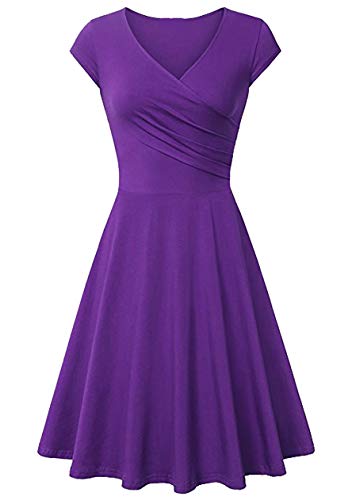 OMZIN Vestido elegante de mujer con cuello en V, mangas alas, sexy, vestido de cóctel, largo hasta la rodilla, informal, vestido de fiesta morado XXL