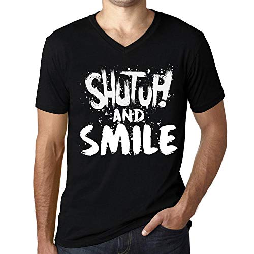 One in the City Hombre Camiseta Vintage Cuello V T-Shirt Gráfico Shut Up and Smile Negro Profundo Texto Blanco