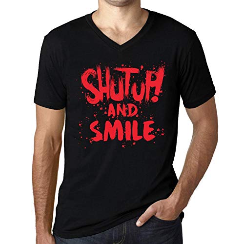 One in the City Hombre Camiseta Vintage Cuello V T-Shirt Gráfico Shut Up and Smile Negro Profundo Texto Rojo