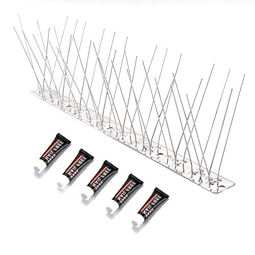 ONECE 3 Metros Pinchos Antipalomas en Acero Inoxidable Sistema Antipájaros, 10 Piezas de 30 cm, Kit de Puas Anti-Palomas, gorriones, Cuervos - Contiene 5 Pegamento