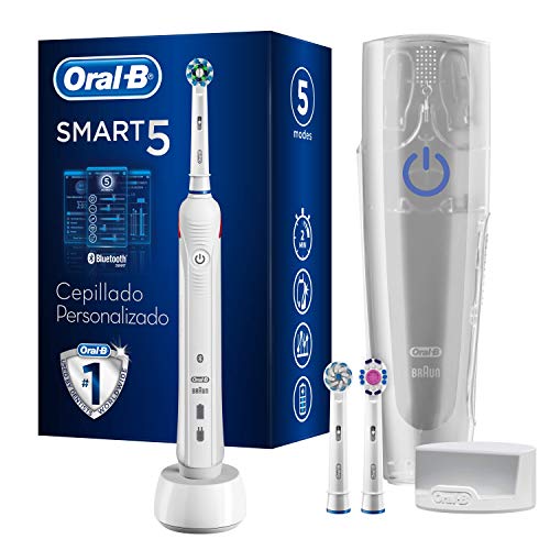 Oral-B Smart 5 5000N CrossAction - Cepillo Eléctrico 1 Blanco Conectado, 5 Modos Blanqueado, Sensible, Cuidado Encías, 3 Cabezales Recambio, Funda de Viaje de Plástico