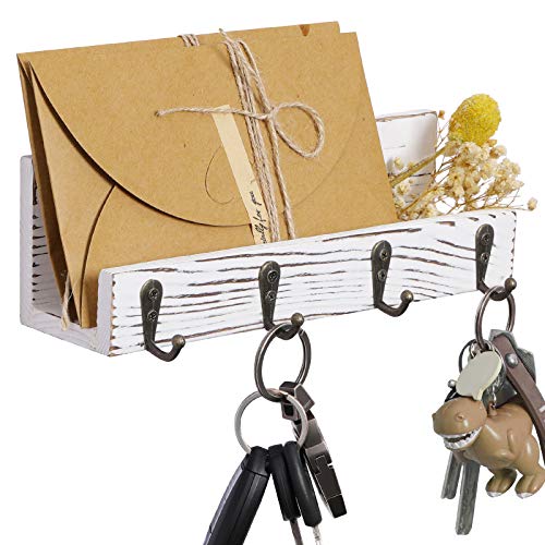 OROPY Estante de madera para llaves y portacartas, organizador de correo montado en la pared con 4 ganchos para llaves para entrada, oficina en casa (Blanco rústico) OROPY Estante de madera para llaves y portacartas, organizador de correo montado en la pared con 4 ganchos para llaves para entrada, oficina en casa (Blanco rústico)