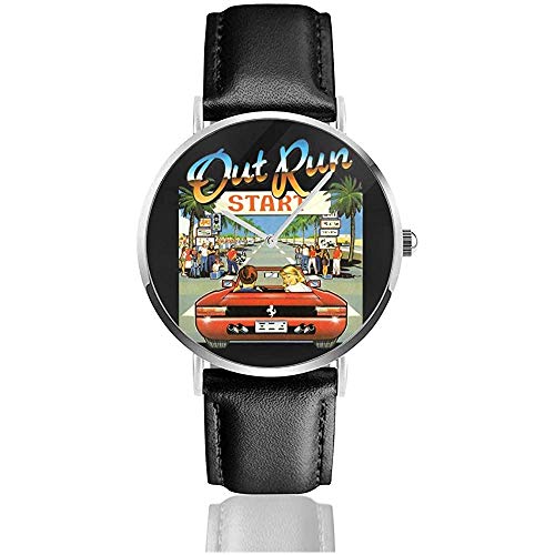 out Run Cover Art Watches Reloj de Cuero de Cuarzo con Correa de Cuero Negra para Regalo de colección