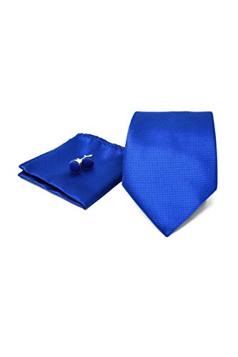 Oxford Collection Corbata de hombre, Pañuelo de Bolsillo y Gemelos Azul - 100% Seda - Clásico, Elegante y Moderno - (Caja y Conjunto de Regalo, ideal para una boda, con un traje, en la oficina.)