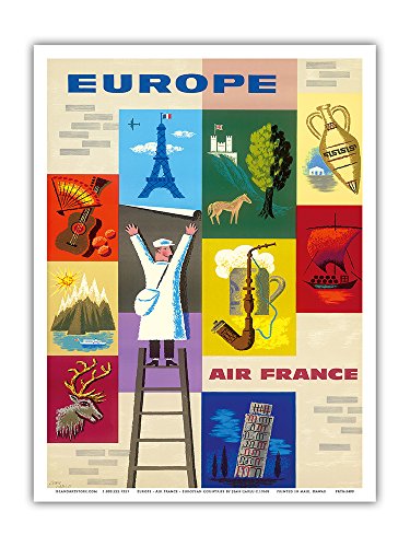 Pacifica Island Art Europa-Air France-Iconos de los países Europeos-Cartel del Viaje del Airline c.1960s por Jean Carlu-Arte Master Print-9"x12"