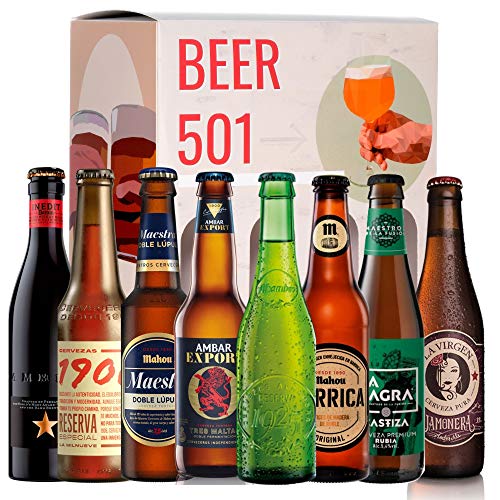 Pack de cervezas degustación BEER 501 - Caja Cerveza Premium España: Inedit, Mahou, Alhambra, La Virgen, La Sagra, Ambar, Estrella galicia1906. I Mejores cervezas españolas para regalar y disfrutar.