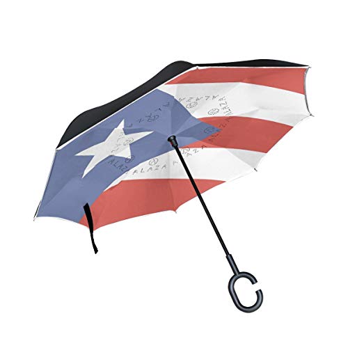 Paraguas invertido de Doble Capa, a Prueba de Viento, para Exteriores, para Lluvia, Sol, para Coche, con asa en Forma de C, para reversa, Bandera de Puerto Rico