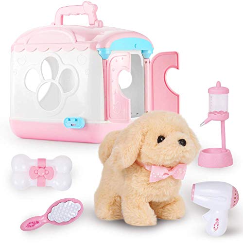 Perro de juguete electrónico de peluche,Carrier activado por voz DogHouse Care Pet Play Set. Cachorros de juguete para caminar, ladrar, mascotas y accesorios, para 3-6 niños/niñas (Elina-Rosado)