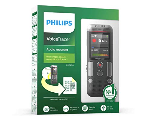 Philips DVT 2710 - Grabadora de voz profesional con reconocimiento de voz, dispositivo de grabación compacto, grabadora de mp3, pantalla color, memoria de 8 GB, USB, plug & play, antracita