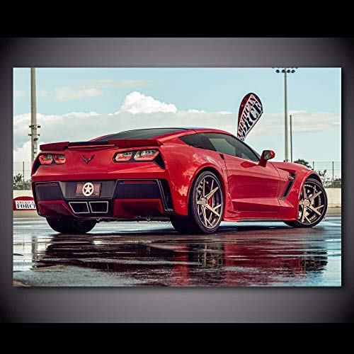 Pintura al óleo póster Chevrolet Corvette C7 rojo vista trasera del coche cuadro de arte de pared carteles de supercoche e impresiones lienzo pintura para decoración de sala de estar 50x70cm