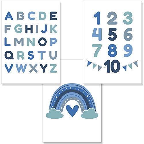 PREMYO Cuadros Infantiles Habitación Niños - Láminas Decorativas para Enmarcar - 3 Póster Alfabeto ABC Arco-iris Azul A4