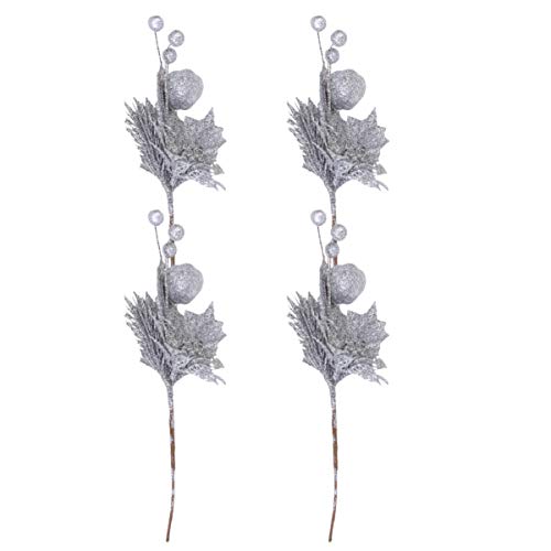PRETYZOOM - Lote de 4 ramas artificiales de árbol de Navidad, con lentejuelas de flores falsas, hojas de piñón de piñas, mini pintalabios, decoración navideña para fiestas, manualidades