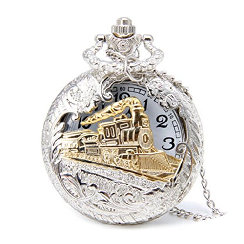 Profusion Circle, reloj de bolsillo de cuarzo con diseño retro de tren de vapor sobre la tapa hueca, con cadena de reloj de regalo.