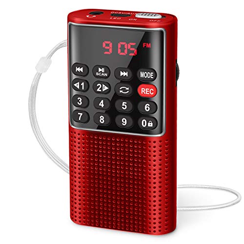 PRUNUS Radio portátil de Bolsillo FM J-328, Radio Walkman Digital con grabadora, Reproductor de música MP3 Micro-SD/TF/AUX, batería Recargable y Botones de Bloqueo para Correr, Caminar, Viajar