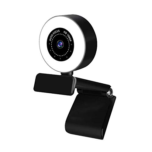 PTN Streaming HD Webcam 1080P con Anillo Luz Brillo Ajustable, USB PC Video CAM con Micrófono Incorporado, Cámara Web con Enfoque Automático Avanzado con Micrófono Dual para Mac Windows Laptop