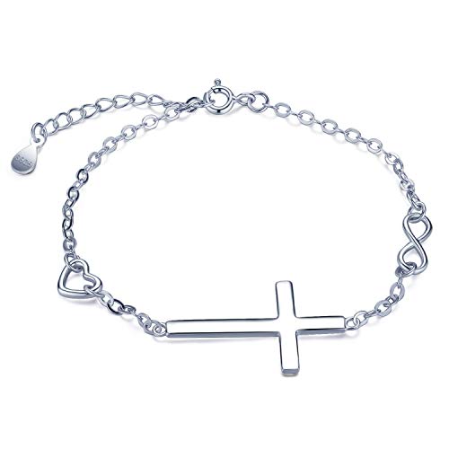 Pulsera de plata de ley 925 para mujeres y niñas, pulseras de cruz clásica con símbolo de infinito, pulsera de corazón ajustable, plata, regalo de cumpleaños de Navidad