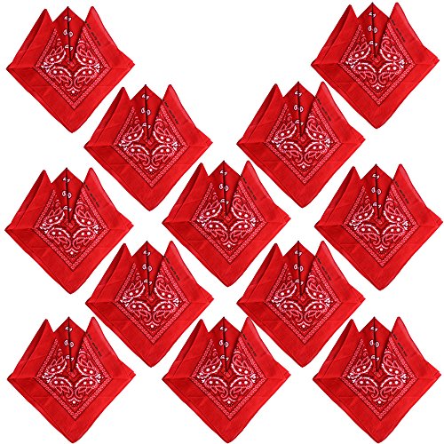 QUMAO Pañuelos Bandanas de Modelo de Paisley para Cuello/Cabeza Multicolor Múltiple para Mujer y Hombre (Pack de 12; Rojo)