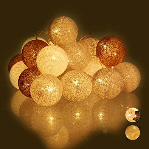 Relaxdays Guirnalda Luces con 20 Bolas LED a Pilas, Algodón-Poliestireno, Blanco-Gris-marrón, 6 cm de diámetro