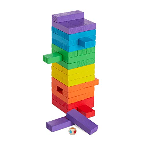 Relaxdays Torre de Madera, 48 Bloques Apilables, con Dado, A Partir de 3 años, 1 Ud, 22,5 x 7,5 x 7,5 cm, Multicolor Relaxdays Torre de Madera, 48 Bloques Apilables, con Dado, A Partir de 3 años, 1 Ud, 22,5 x 7,5 x 7,5 cm, Multicolor