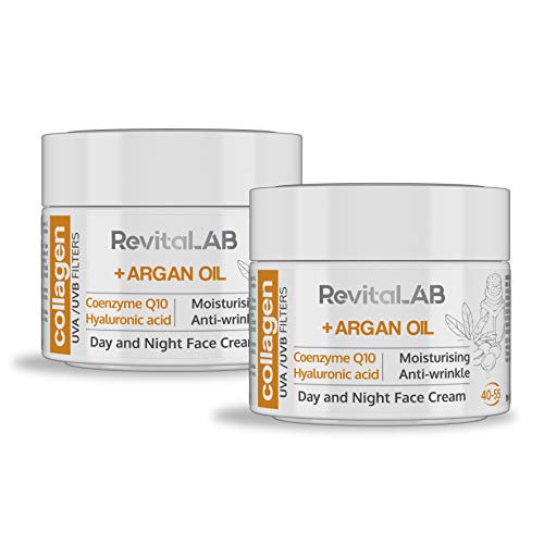 RevitaLAB - Crema hidratante antiarrugas de día y de noche con colágeno enriquecida con ácido hialurónico, Q10, aceite de argán y un filtro UVA/UVB, franja de edad 40-55, 50 ml (multipaquete)